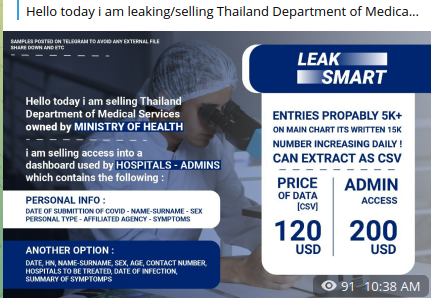 leak data information thailand thai covid-19 records sensitive records personal hacker dark web