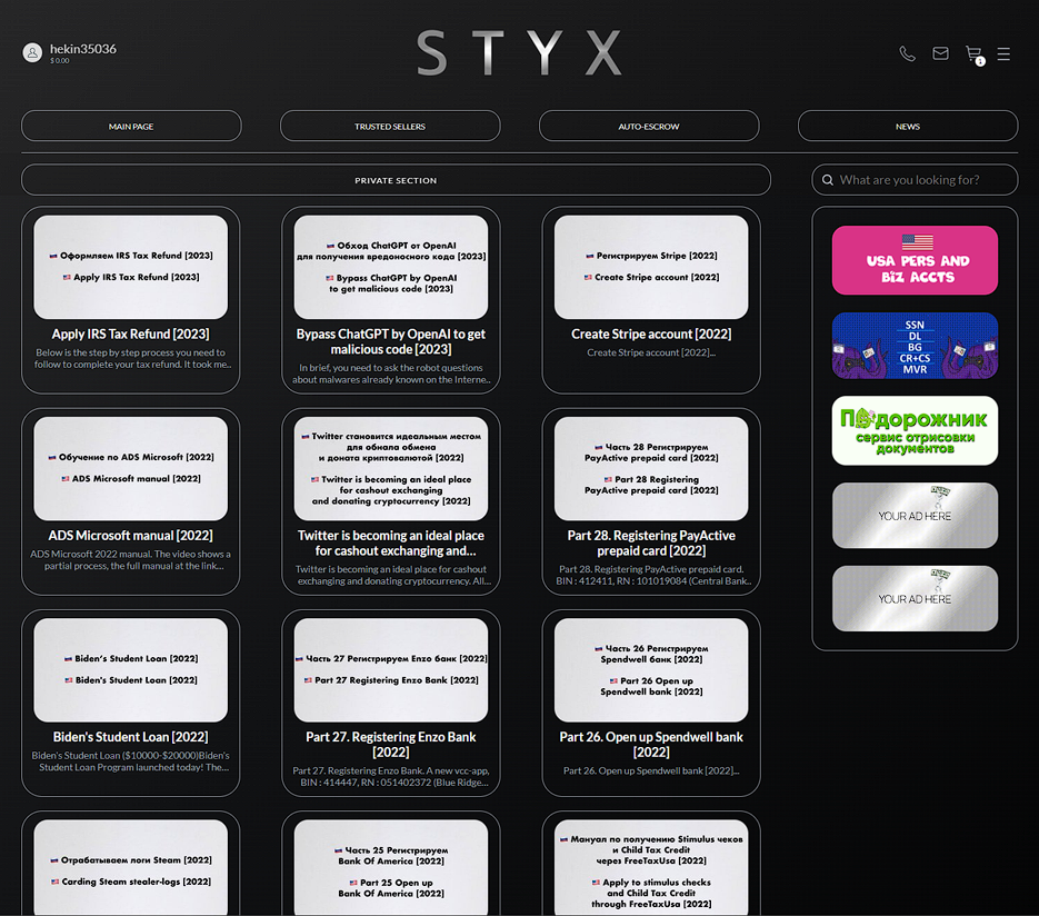 styx dark web marketplace fraud financial data dump sim card ddos 2fa bypass fake id stolen documents banking malware